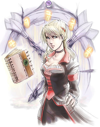 Elizabeth with the Tome of Eternal Darkness. Art by Cinnie.